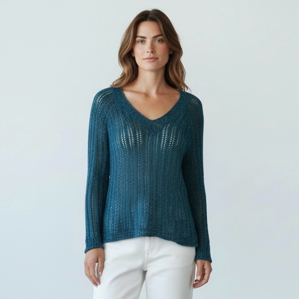 Lucky Brand Knit Crochet Semi Sheer V-Neck‎ Blue Knit Sweater